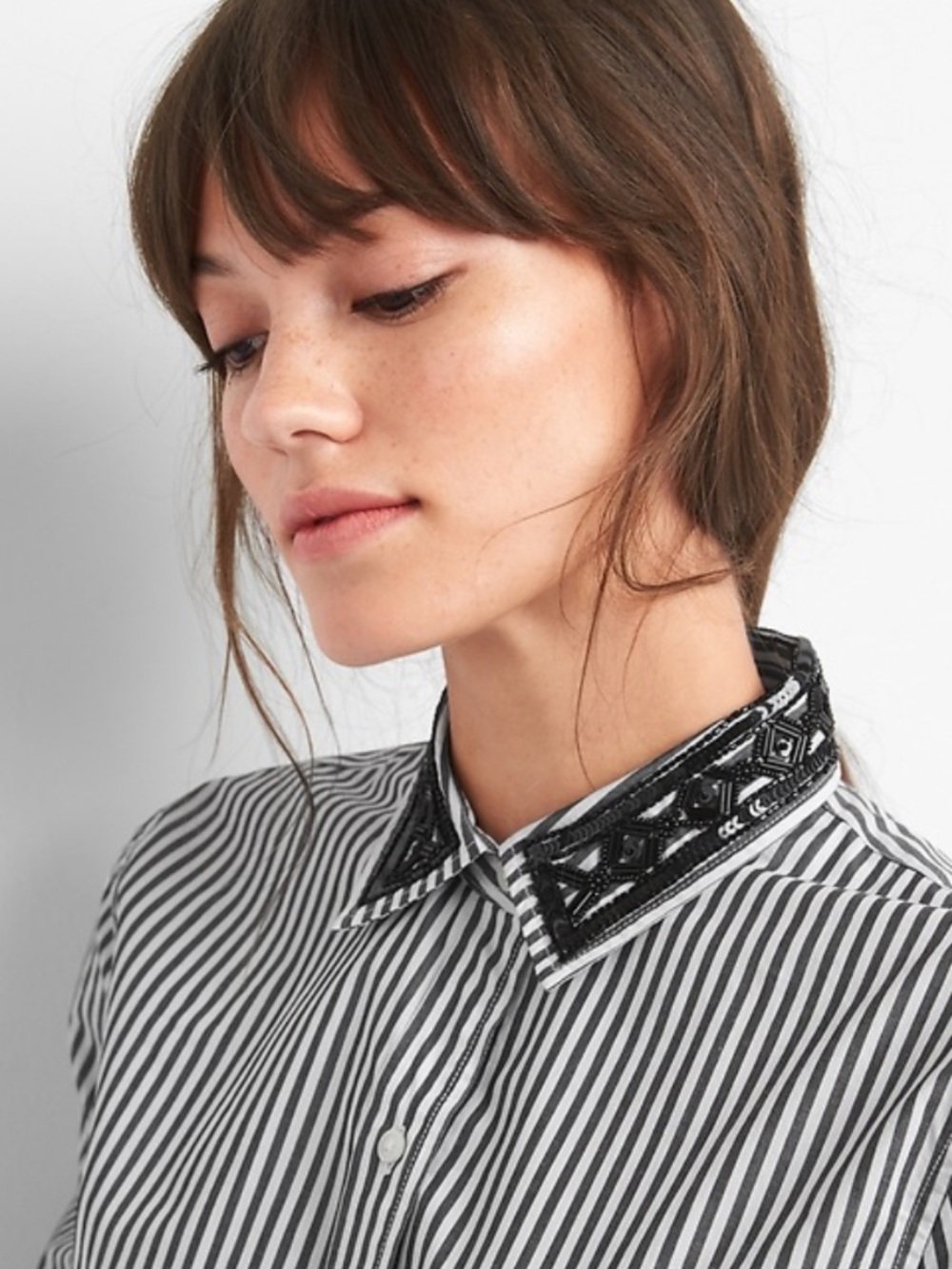 GAP Black & White Striped Button-Down Boyfriend Shirt w Embellished Collar